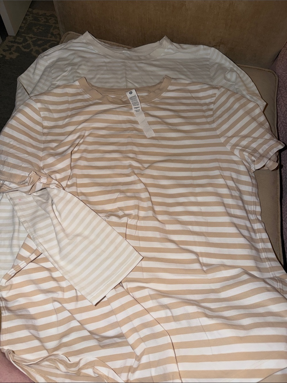 lululemon athletica Beige and White Striped Short Sleeve Tee